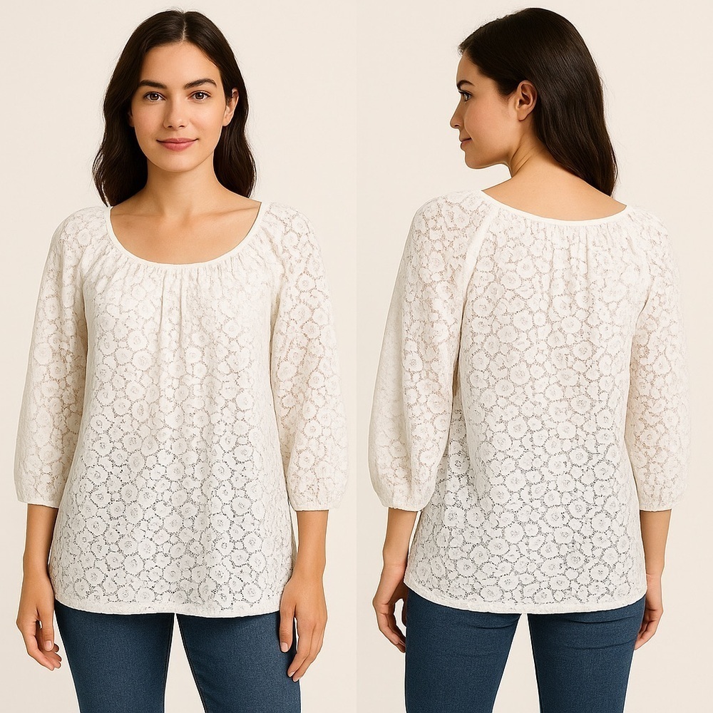 Charter Club White Crochet Lace Peasant Blouse Sheer Boho Cottagecore Angelcore